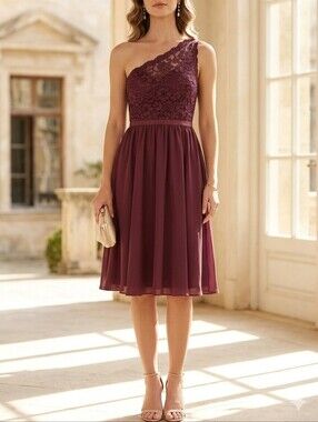 David’s Bridal Burgundy One Shoulder Lace Chiffon Dress Size 6 Evening Bridal